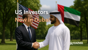 American businessman and Emirati man shaking hands in front of US and UAE flags in a park, symbolizing partnership.