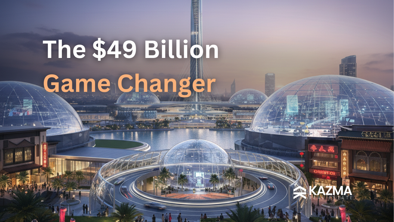 Futuristic rendering of Dubai Square in Dubai Creek Harbour with the Dubai Creek Tower visible in the background.