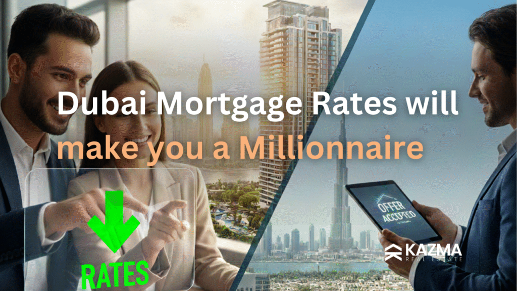 A couple points to a large green arrow showing falling Dubai Mortgage Rates, symbolizing the pathway to significant wealth creation through real estate investment.