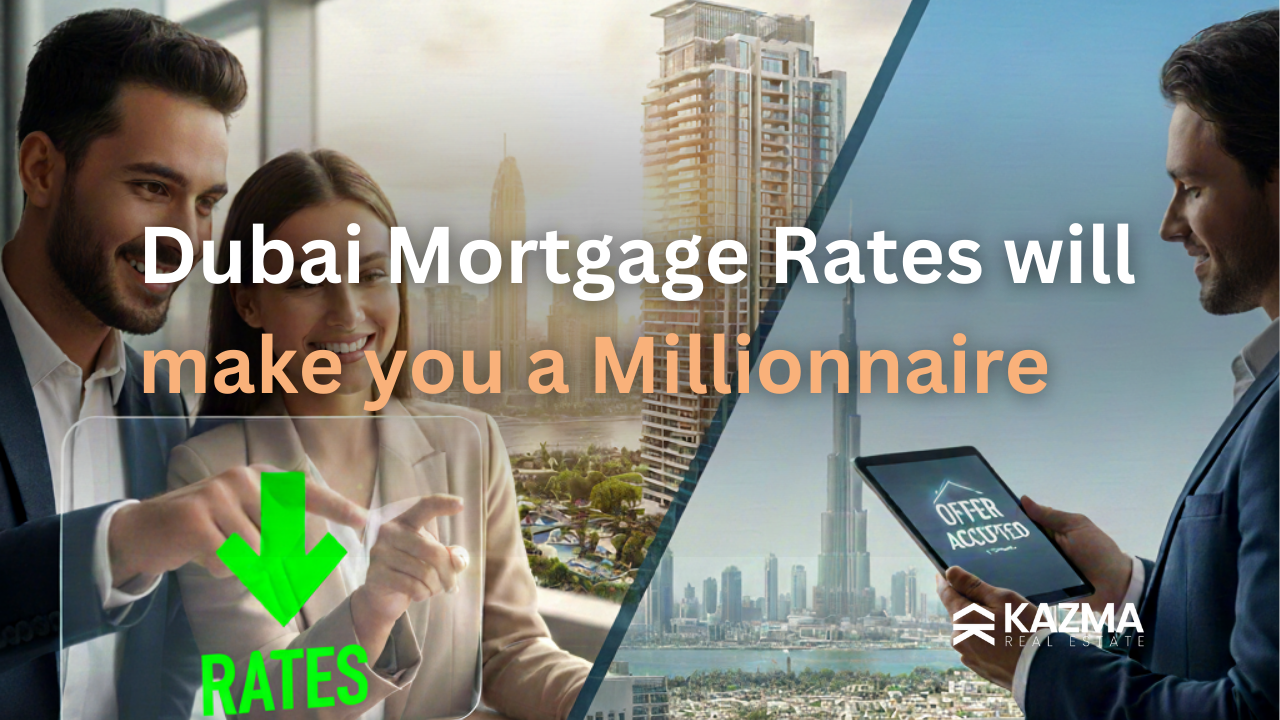 A couple points to a large green arrow showing falling Dubai Mortgage Rates, symbolizing the pathway to significant wealth creation through real estate investment.