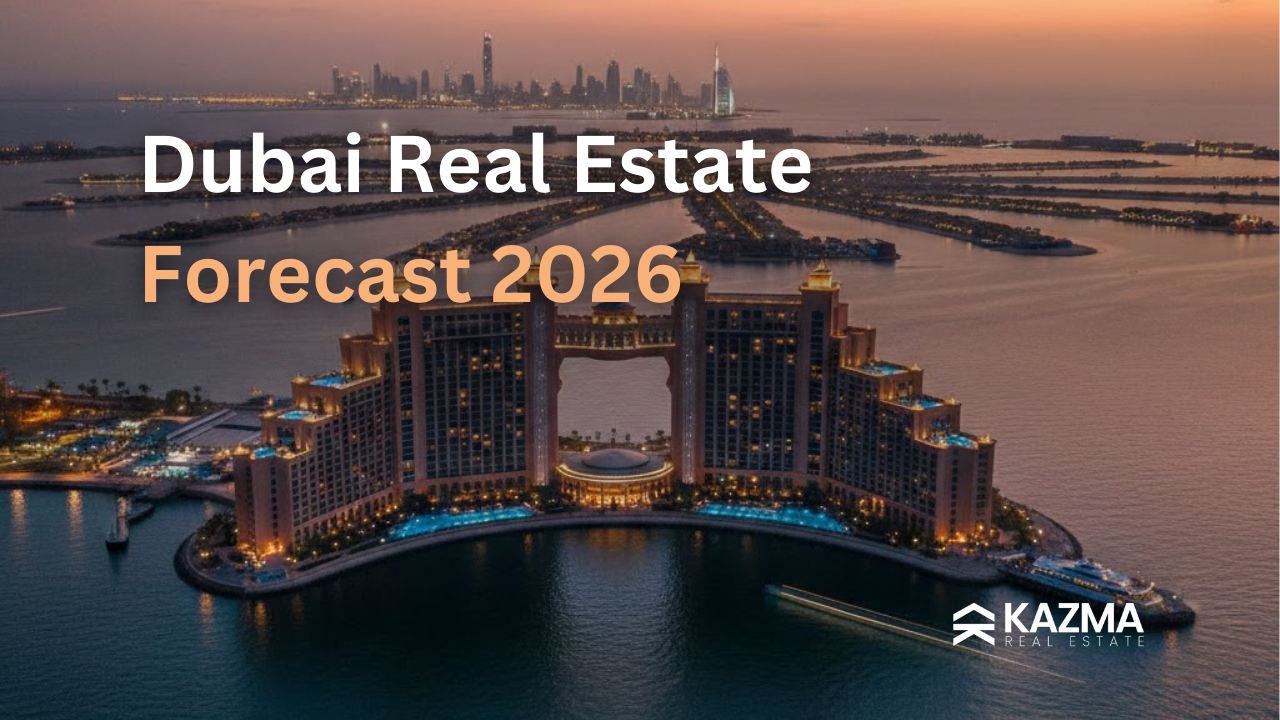 Royal Atlantis and Palm Jumeirah view at sunset, symbolizing Dubai's luxury real estate investment market and the prediction for 2026 of Dubais real estate market