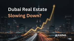 Dubai real estate market growth chart over Burj Khalifa cityscape