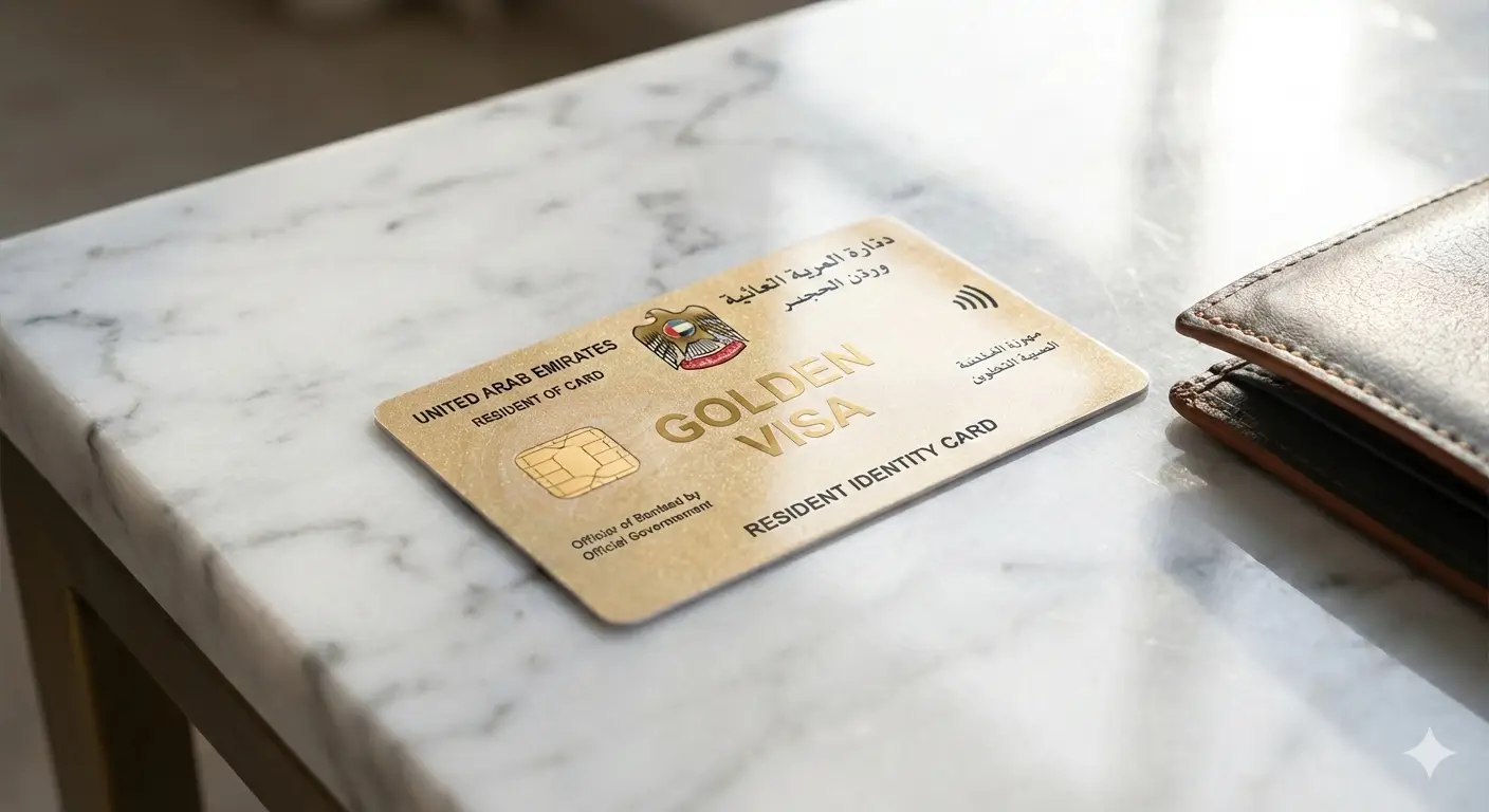 Close-up of an official gold UAE Golden Visa residency card resting on a luxury white marble desk.